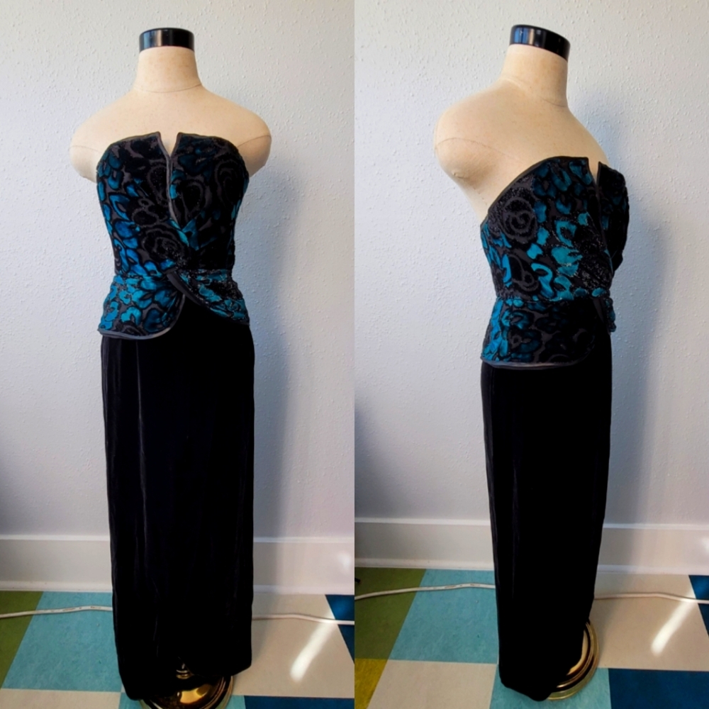 Vintage Black Velvet and Teal Cocktail Dress Size 0